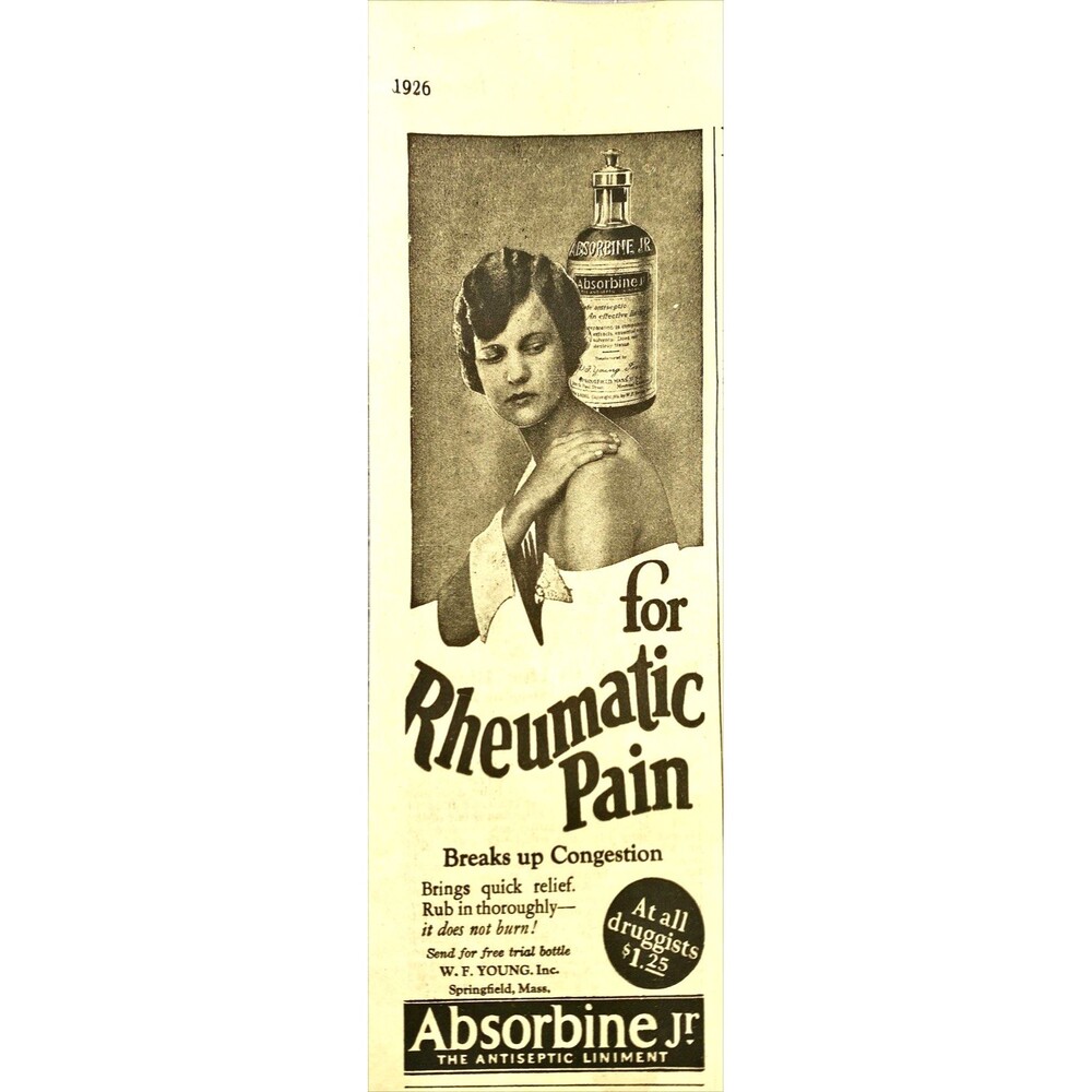 Absorbine Jr. Antiseptic Liniment "for Rheumatic Pain" Vintage Print Ad 1926